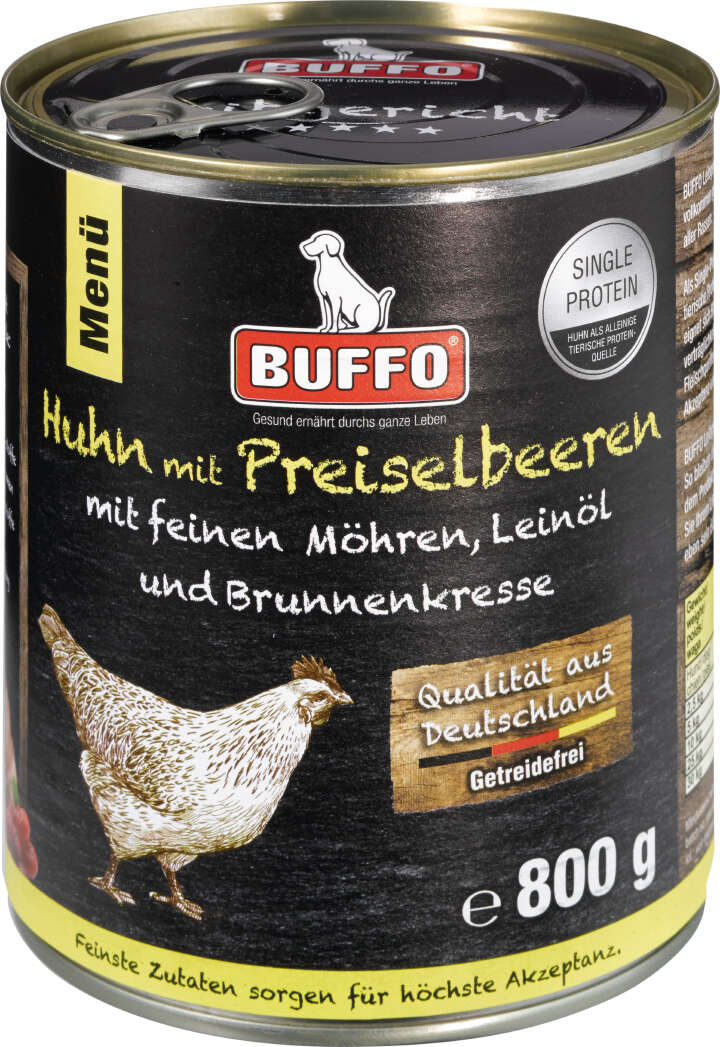 BUFFO Hunde-Nassfutter Leibgericht Huhn & Preiselbeeren